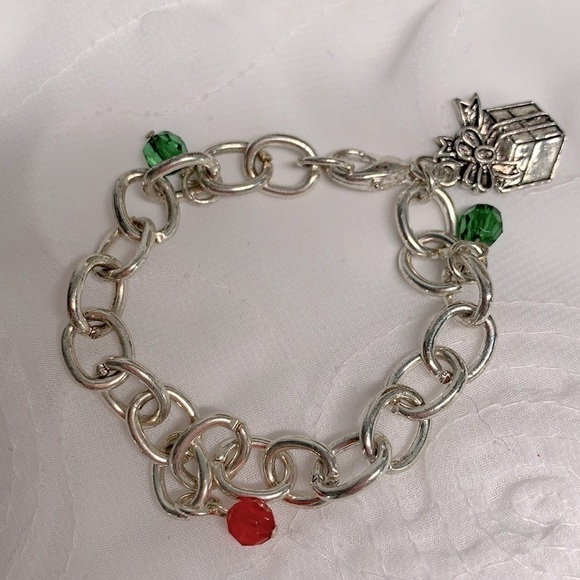 Jewelry - Vintage Holiday Charm Bracelet on Silver Tone Chain-Red/Green/Silver